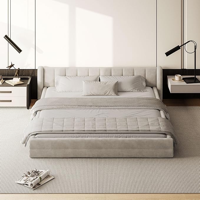 DEINPPA King Size Bed Frame with Cloud Soft Headboard, Chenille Upholstered Grounded Wood Base Bed Frame, No Box Spring Needed-Beige