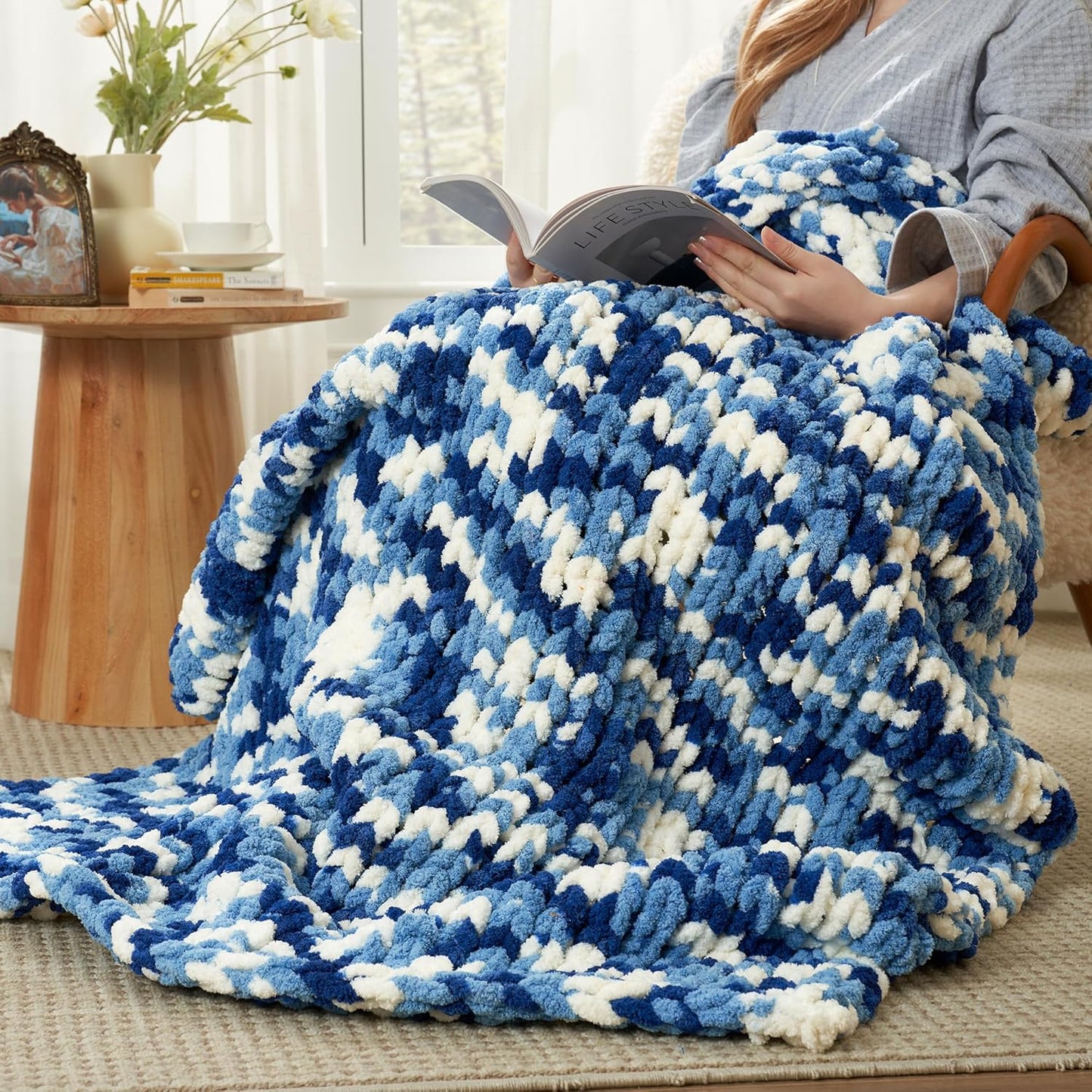 Amélie Home Chunky Knit Throw Blanket for Couch, Soft Chenille Crochet Blanket for Sofa, 50"x60", Space-Dyed Blue