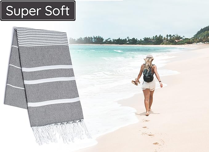 Premium Turkish Beach Towel – 100% Cotton, Quick Dry, Sand Free, Oversized Quick Dry Towel 35”x 67” – Ideal for Travel, Pool, and Beach Blanket – Black Color