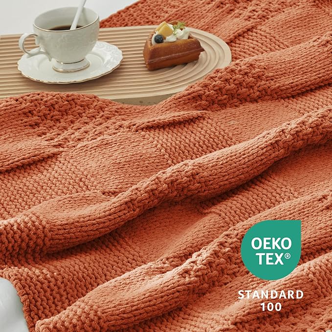 Amélie Home Checkered Chenille Knit Throw Blanket for Couch, Classic Texture Decorative Soft Blanket for Sofa, Chair & Bedroom, 50"x60", Burnt Orange