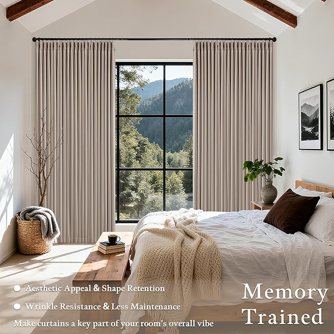 70 Inch Wide Blackout Curtains 84 Inches Long Memory Trained Pinch Pleated Room Darkening Thermal Linen Textured Two Layer Extra Wide Drapes for Living Room Sliding Door Burlywood Birch 1 Panel