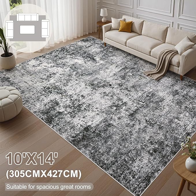 Area Rug Living Room Rugs - 10x14 Abstract Large Soft Indoor Washable Rug Neutral Modern Low Pile Carpet for Bedroom Dining Room Farmhouse Home Office - Grey
