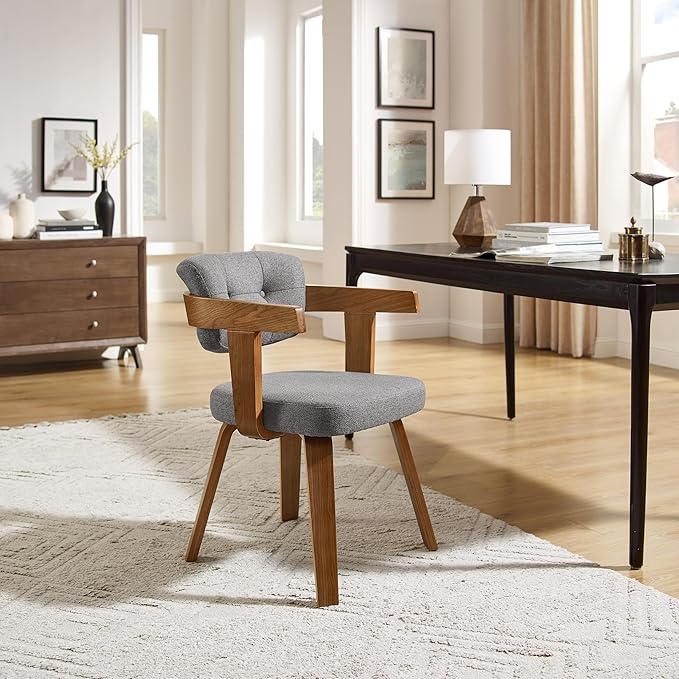 Art Leon Mid Century Modern Dining Chairs - Set of 2 Comfy Fabric Upholstered Dining Chairs, Home Office Chair No Wheels, Accent Arm Chair with Wood Legs for Kitchen Living Room Bedroom, Gray/Walnut