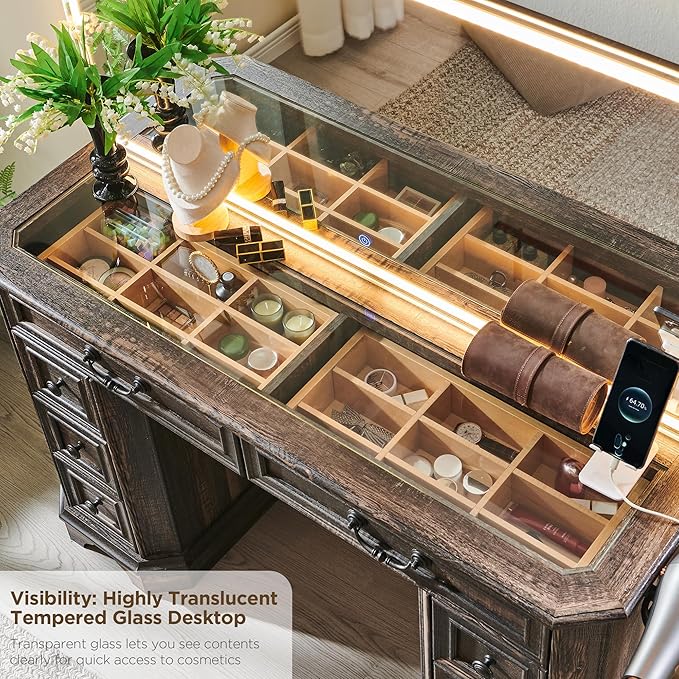 T4TREAM Makeup Vanity Desk with 48" HD Lighted Mirror, Farmhouse Vanity Table with 8 Drawers, Vanity Desk with 3 Color Modes, Dressing Table with Glass Top and Power for Bedroom(Dark Rustic Oak)