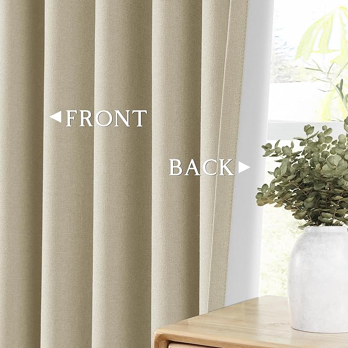 ChrisDowa 100% Blackout Linen Curtains, 2 Panels Set Thermal Insulated Room Darkening Curtains for Living Room, Privacy Grommet Window Drapes for Bedroom (Greyish Beige, 52 x 120 Inch)