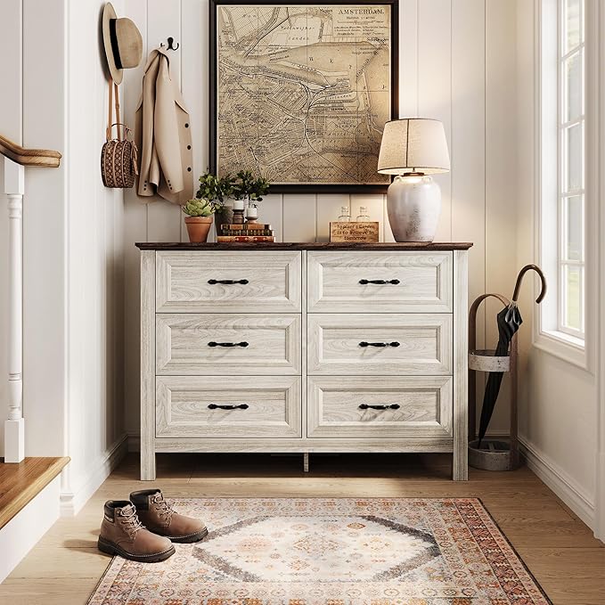 LINSY HOME 6 Drawers Dresser for Bedroom, 47" Wide Wooden Storage Chest with Antique Handles, Modern Farmhouse Dresser TV Stand with Wood Legs for Closet, Living Room, Hallway, Beige
