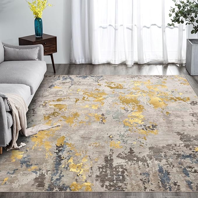 vivorug 9x12 Area Rugs for Living Room, Non Slip Machine Washable Modern Abstract Rug, Ultra-Thin Lightweight Large Area Rug Carpet for Bedroom, Dining Room, Low Pile Grey/Mustard