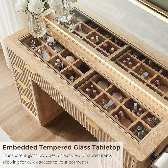 T4TREAM 48" Fluted Makeup Vanity Desk with Large Led Lighted Mirror, Modern Vanity Table with 8 Drawers & Charging Station, Glass Top Dressing Table for Bedroom, Natural Oak