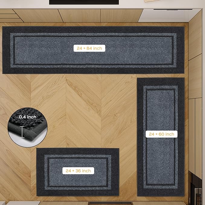 Kitchen Rugs 24" x 84", Non-Slip Machine Washable Kitchen Runner Rugs Floor Mats, Absorbent Comfort Standing Mats for Kitchen, Sink, Laundry and Hallway, Rolled Packaging, Bluish Grey & Charcoal