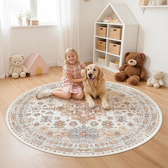 zesthome Washable Round Rug - 5ft Ultra-Thin Circle Area Rugs, Vintage Non-Slip Low Pile Rug for Living Room, Stain Resistant Rug for Bedroom, Entryway, Kitchen, Nursery
