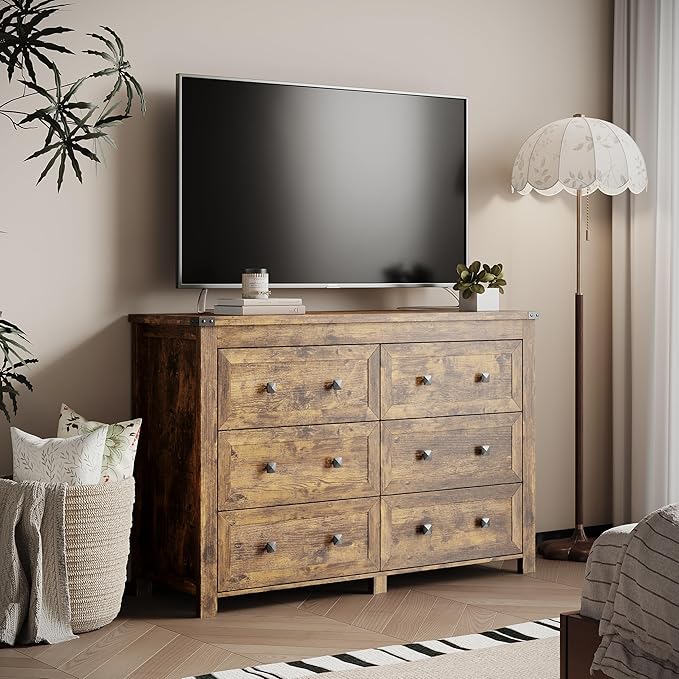 Dresser for Bedroom with 6 Drawers, Farmhouse Wood Chest of Drawers, Wide TV Stand Closet Storage Furniture with Metal Handle, Modern Clothes Organizer for Hallway, Living Room, Entryway, Brown