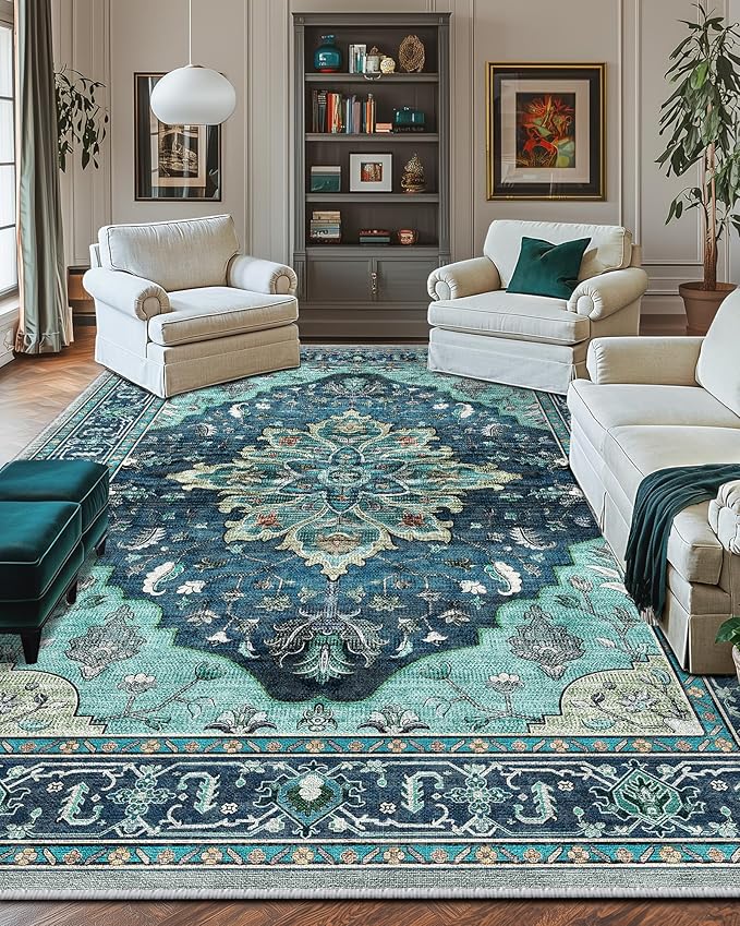 Area Rugs 10'x14' Washable Non-Slip, Floral Vintage Distress Print Pattern Medallion Carpet for Living Room Bedroom Dining Room, Teal Green Lake Blue Turquoise