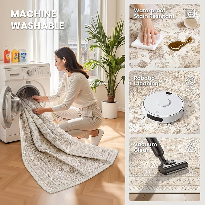 zesthome Washable Runner Rug 2.5x14 - Stain Resistant Entryway Rug,Ultra-Thin Kitchen Rugs, Anti Slip Backing Runner Rugs for Entrance Laundry Room Indoor Hallway (Cream/Beige,2.5'x14')