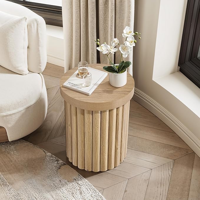 LuxenHome Round Side Table, 19" H Fluted Side Table for Small Spaces, Mid Century Modern Small End Table, Wooden Accent Tables, Couch Side Tables, Round Nightstand for Living Room, Bedroom