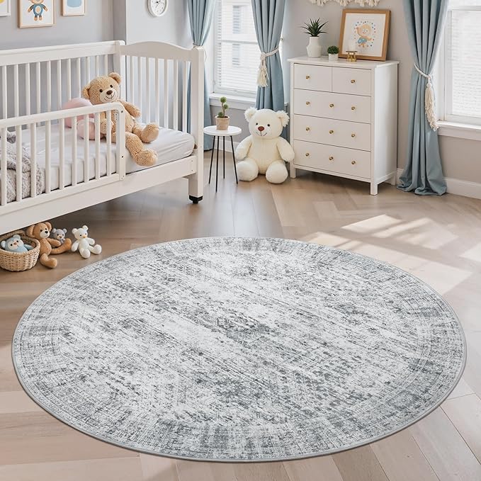 5x5 Grey Round Rug 5ft Living Room Circle Rug Vintage Gray Round Area Rug Non Slip Indoor Carpet for Entryway Dining Room Bedroom