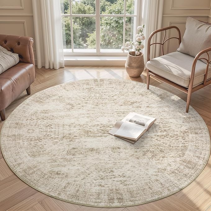 6x6 Beige Round Rug 6ft Living Room Circle Rug Vintage Round Area Rug Non Slip Indoor Carpet for Dining Room Bedroom