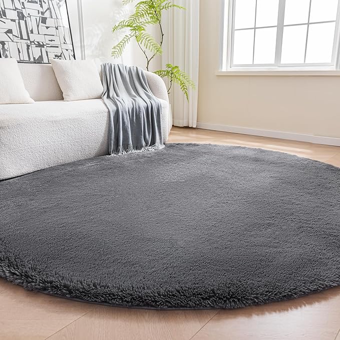 Amazon Basics Fluffy Washable Round Area Rug, Circle Shaggy Carpet for Living Room, Bedroom, Nursery, 5'R, Dark Gray