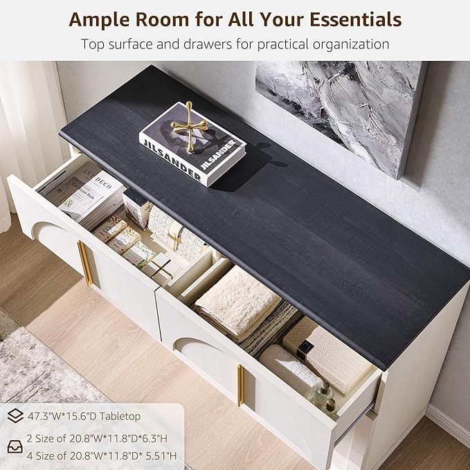 ACCOHOHO Arched Dresser for Bedroom with 6 Drawers, 47.3" Wide Modern Chest of Drawers with Rounded Edge & Metal Handles, Wood Storage Closet Dressers TV Stand for Living Room, Hallway, White