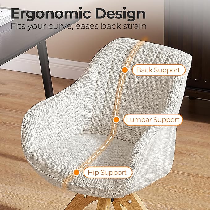 Zouron Accent Chair with Wooden Legs, Swivel Desk Chairs No Wheels, Upholstered Armchair Vanity Chair for Small Space Home Office Living Room Bedroom, Beige and Natural Wood