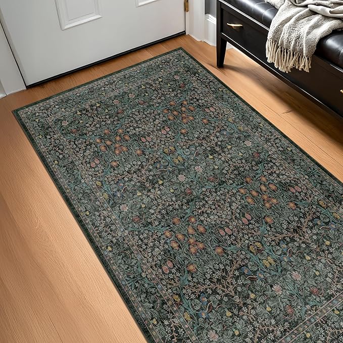 Dark Green Washable 3x6 Large Entryway Runner Rug Indoor, Non-Slip Floor Rugs for Kitchen, Bedroom, Bathroom Beside Bed, Stain & Fade Resistant, Vintage Floral Design