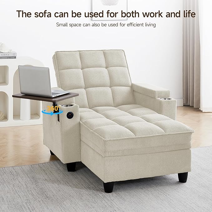 41.7" Chaise Lounge Chair Indoor, Oversized Boucle Upholstered Sofa Bed, Adjustable Backrest Deep Seat Reading Chair, Sofas Couches for Living Room with Storage, Cup Holders & 360° Swivel Side Table