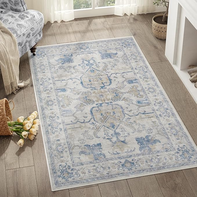 jinchan 3x5 Machine Washable Area Rugs for Entryway - Distressed Vintage Floral Ultra-Thin Low-Pile Soft Non-Shedding Indoor Floor Carpet for Kitchen Bedroom Entrance Laundry Living Room(3x5ft, Blue)