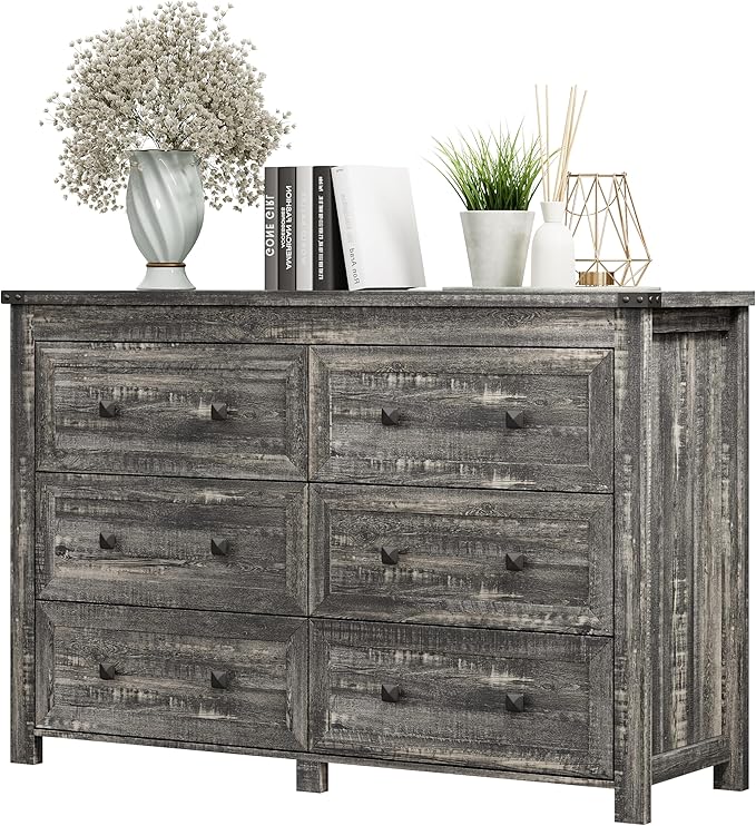 6 Drawer Dresser for Bedroom, Farmhouse Wood Chest of Drawers, Wide TV Stand Closet Storage Furniture with Metal Handle, Modern Clothes Organizer for Hallway, Living Room, Entryway, Grey