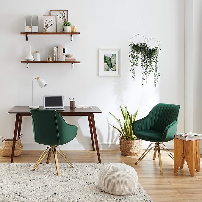 Zouron Mid Century Modern Swivel Accent Chair with Gold Metal Legs, Upholstered Swivel Chair No Wheels, Side Accent Arm Chair Vanity Chair for Small Space Home Office Living Room Bedroom, Green