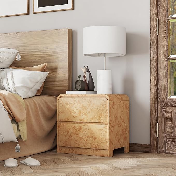 2 Drawer Farmhouse Nightstand with Rounded Edge, Modern Dresser Mid Century Side Table for Bedroom, Burl Finish, Natural