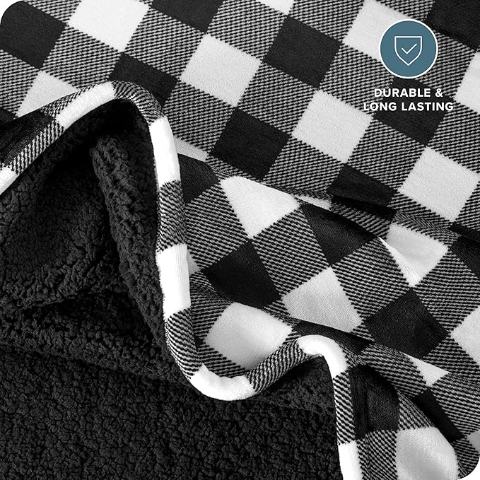 Bare Home Sherpa Fleece Blanket - Twin/Twin Extra Long - Blanket for Bed, Sofa, and Couch - Warm & Lightweight - Fluffy & Soft - Reversible (Twin/Twin XL, Buffalo Plaid - White/Black)