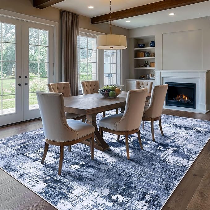 Area Rug Living Room Rugs - 9x12 Washable Large Soft Indoor Neutral Modern Abstract Low Pile Rug Carpet for Bedroom Dining Room Farmhouse Home Office - Navy Blue