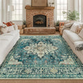 Area Rugs Square 8ft Washable Non-Slip, Floral Vintage Distress Print Pattern Medallion Carpet for Living Room Bedroom Dining Room, Dark Blue Vintage