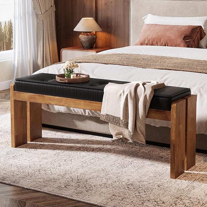 47-Inch Solid Wood Entryway Bench, Modern End of Bed Bench with Button-Tufted Leather Pad and Wooden Legs, for Living Room, Bedroom, Kitchen, Hallway, Black & Brown