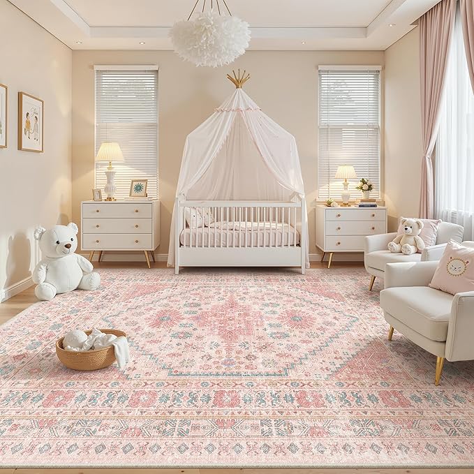 zesthome 9x12 Area Rugs for Girls Bedroom, Low Pile Machine Washable Rugs, Vintage Large Pink Rugs, Stain Resistant Nursery Room Rug, Baby Crawling Rug (Pink/Blue,9'x12')