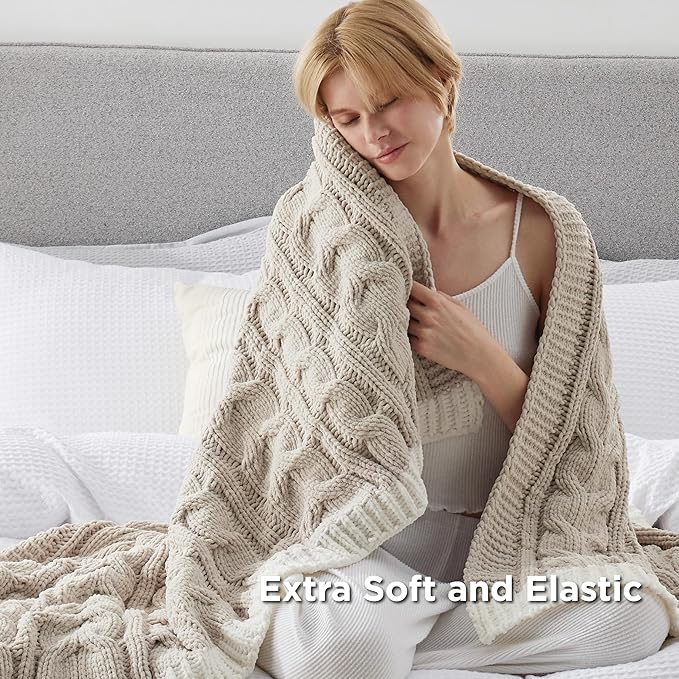 Bedsure Cable Knit Twin Blanket for Couch Bed - Breathable Chenille Chunky Knit Twin Blanket for Decorative Gift, GentleSoft Cozy and Warm for Winter and All Seasons, Beige, 60x80 Inches