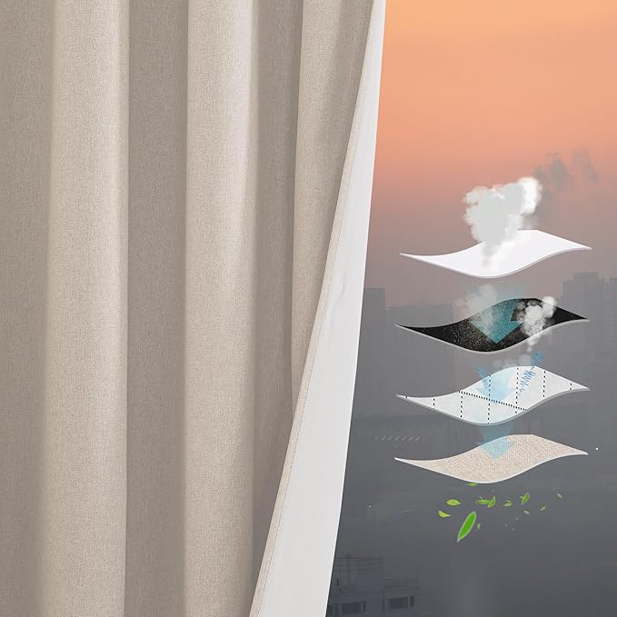 RYB HOME 4 in 1 Set Dust Filter - Soundproof - Blackout - Insulating, Energy Efficiency Linen Curtains for Kids Bedroom Living Room Divider Apartment Hotel Office Theatre, Taupe, W 52 x L 84, 2 Pcs