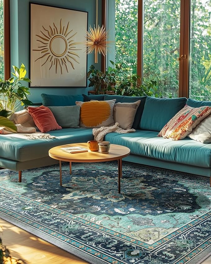 Area Rugs 6'x9' Washable Non-Slip, Floral Vintage Distress Print Pattern Medallion Carpet for Living Room Bedroom Dining Room, Teal Green Lake Blue Turquoise