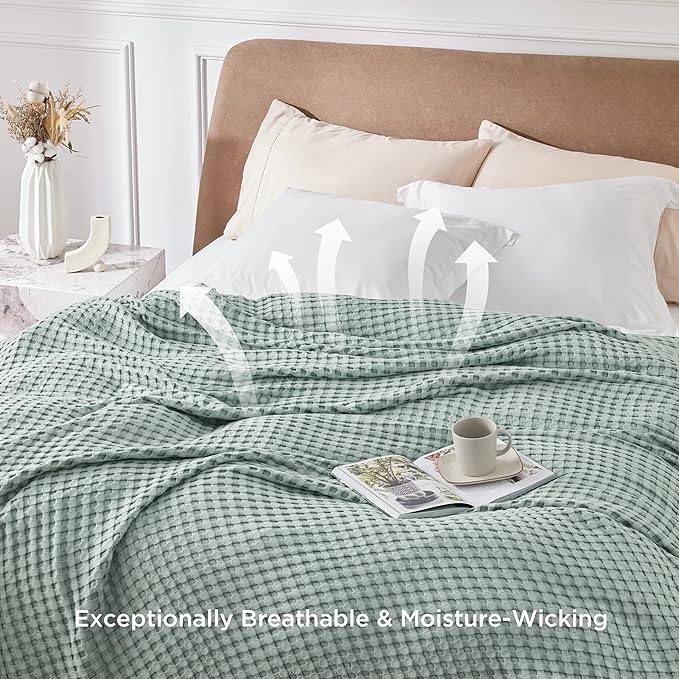Bedsure Cooling Cotton Waffle Queen Size Blanket - Lightweight Breathable Summer Blanket of Rayon Derived from Bamboo for Hot Sleepers, Luxury Throws for Bed, Couch and Sofa, Mint Green, 90x90 Inches