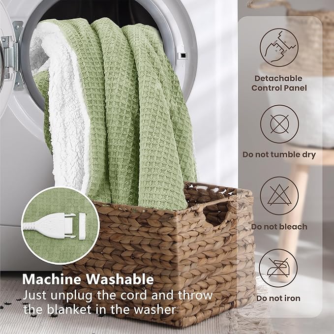 Heated Blanket Electric Blanket Queen Waffle, 84x90 Inches Dual Controllers Sherpa Fleece Fast Heating Blanket 6 Heating Levels & 10 Hours Auto Off ETL Certification, Sage Queen