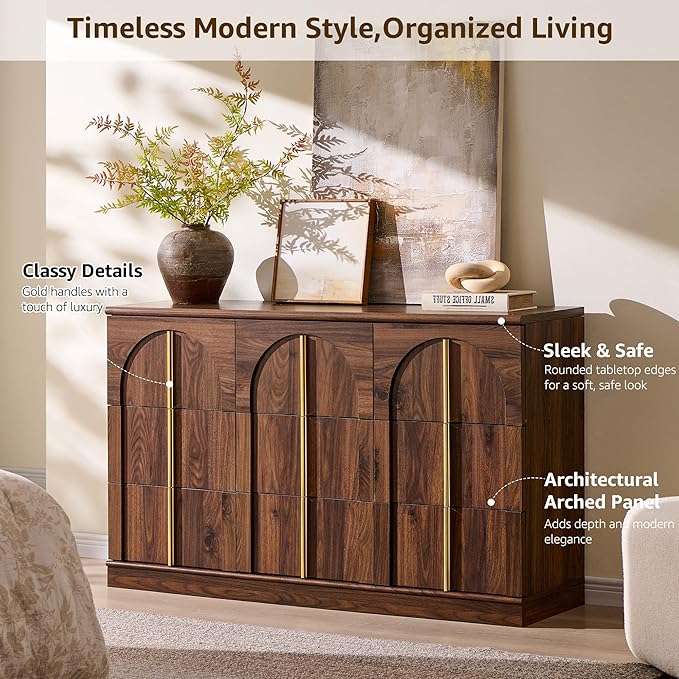 ACCOHOHO Arched Dresser for Bedroom with 9 Drawers, 52" Wide Modern Chest of Drawers with Rounded Edge & Metal Handles, Wood Storage Closet Dressers TV Stand for Living Room, Hallway, Brown