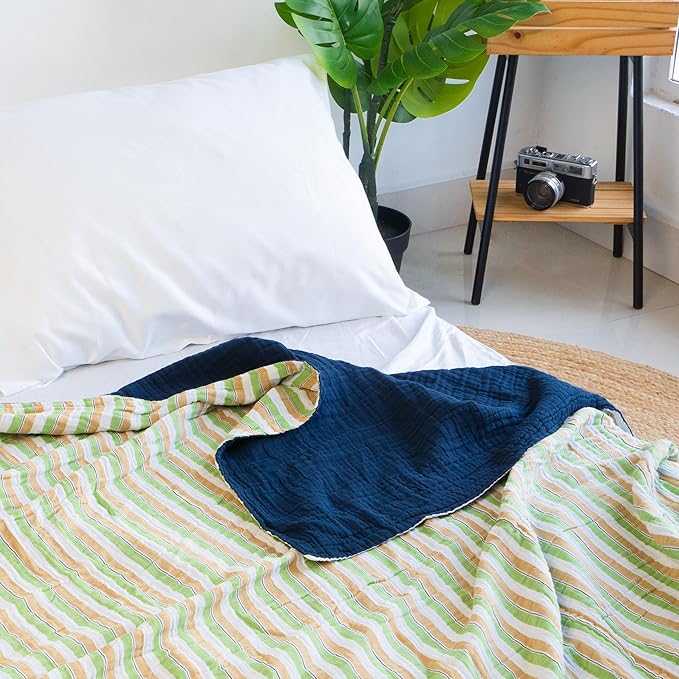 Salt Earth 100% Cotton Muslin Throw Blanket, Gauze Blanket 50"X60" Throw 6 Layered for Couch, Bed, Living Room, Home,Lightweight & All Season Blankets & Throws, Skin Friendly (Dress Blue/Print)