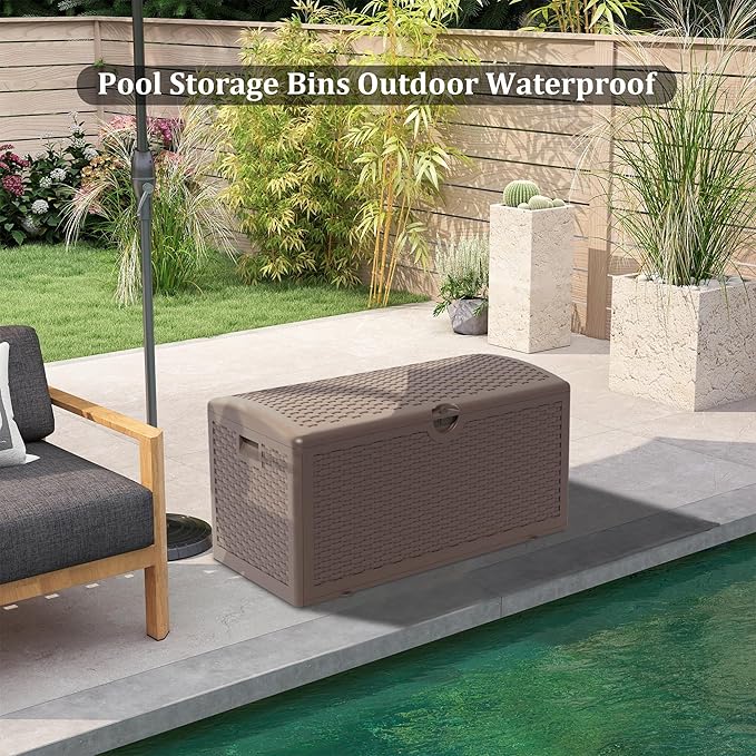90 Gallon Pro Outdoor Storage Box Waterproof Lockable Resin Deck Box Large, Patio Storage Bin for Pool Accessories Cushion Furniture, Garden Tools, UV-Resistant Outside Delivery Brown