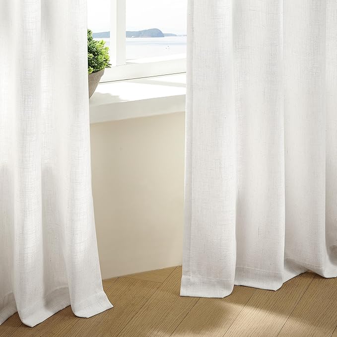 Thick Linen Semi Sheer Curtains 90 Inches Long for Living Room Bedroom Light Filtering Beige Off White Textured Burlap Pinch Pleated Curtains 90 Length Hooks Rings Back Tab for Sliding Door 2 Panels