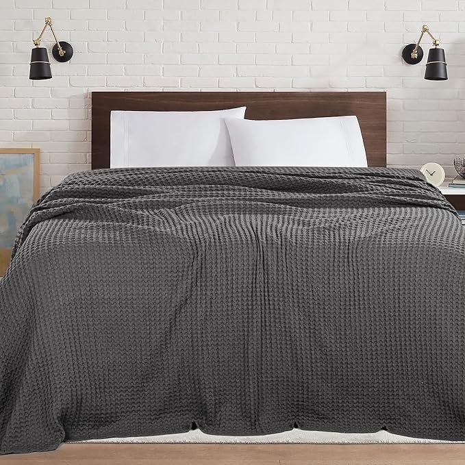 HILLFAIR 100% Cotton Blanket- 120"x120" XXL Oversized King Bed Blankets- Family Size 10 ft x 10 ft Big- Waffle Blankets- All Season Soft Breathable- Extra Large King Cotton Blanket for Bed- Grey