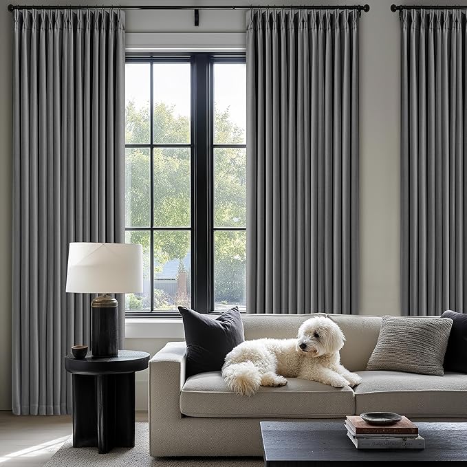 Dark Grey Pinch Pleated Blackout Curtains 108 Inches Long for Bedroom 100% Black Out Thick Linen Dual Layer Pleated Drapes Farmhouse Country Charcoal Gray 108 Inch Curtain for Dining Living Room