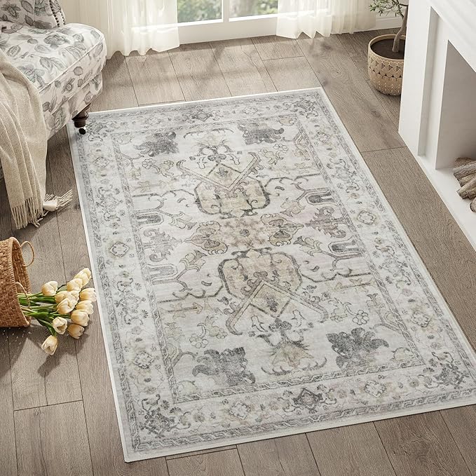 jinchan 3x5 Machine Washable Area Rugs for Entryway - Distressed Vintage Floral Ultra-Thin Low-Pile Soft Non-Shedding Indoor Floor Carpet for Kitchen Bedroom Entrance Laundry Living Room(3x5ft, Taupe)