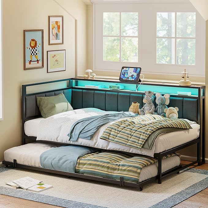 LIKIMIO Corner Full Bed Frame with Trundle, Upholstered Storage Headboard & LED Lights, Full Size Daybed with Charging Station, Sturdy Platform Metal Frame for Living Room, Bedroom, Guest Room, Gray