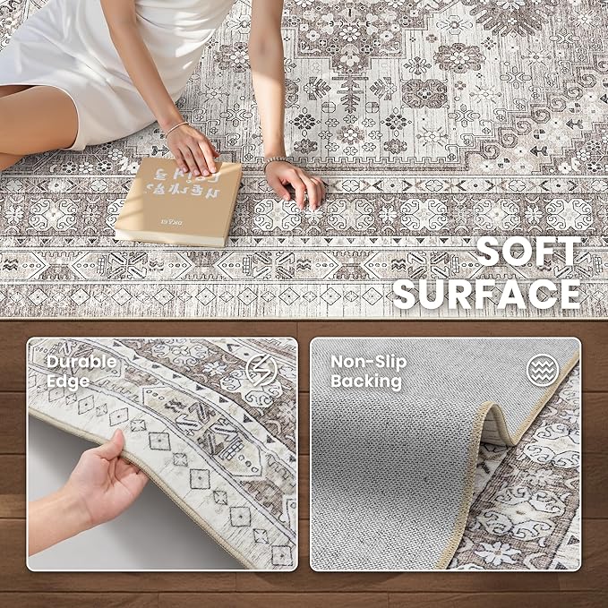 zesthome 6x9 Area Rug, Super Soft Washable Rugs for Living Room, Non-Slip Stain Resistant Vintage Rugs, Ultra-Thin Large Area Rugs (Brown/Beige,6'x9')