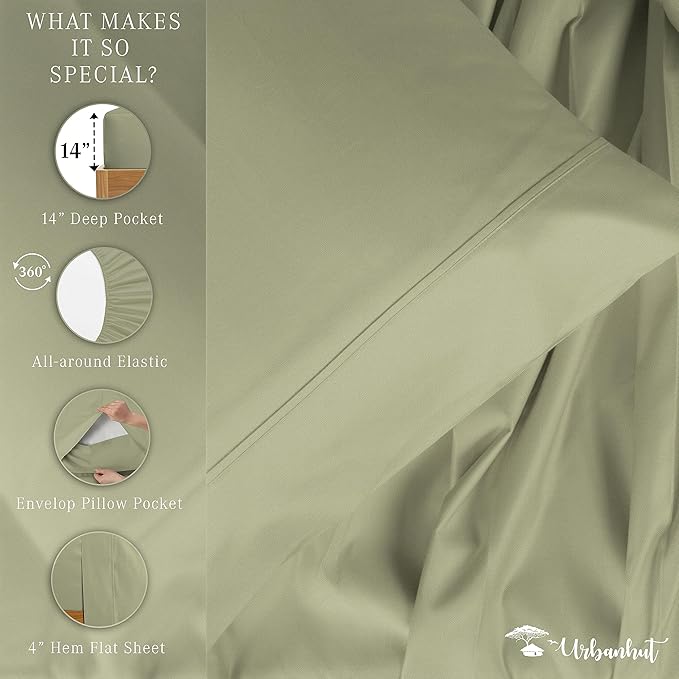 URBANHUT 800 Thread Count 100% Cotton Twin Size Sheets, Luxury 4 Piece Twin Bedsheets, Hotel Sheets Sateen Finish - Better Than Egyptian, 14" Elasticized Deep Pocket - Sage