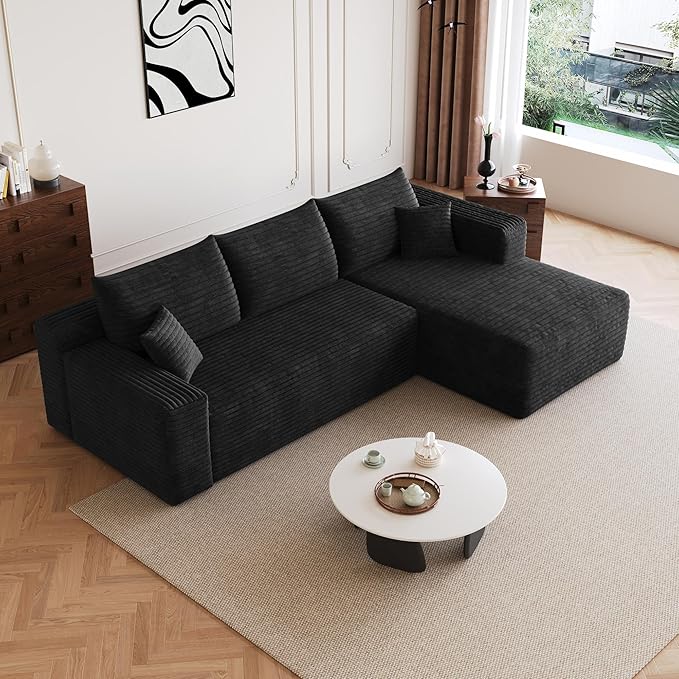 96" Sectional Couches for Living Room Modern Modular Sofa with L-Shape Couchs Upholstered Boneless Couch Deep Seat Sectional Couch with Chaise (Black, 96" Right Facing Chaise+2Seaters)
